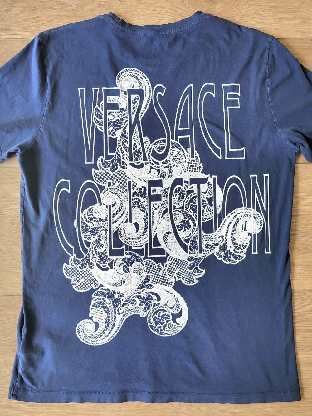 Versace Collection Blue T-shirt White Graphic Mens Medium Slim Fit Crewneck Logo